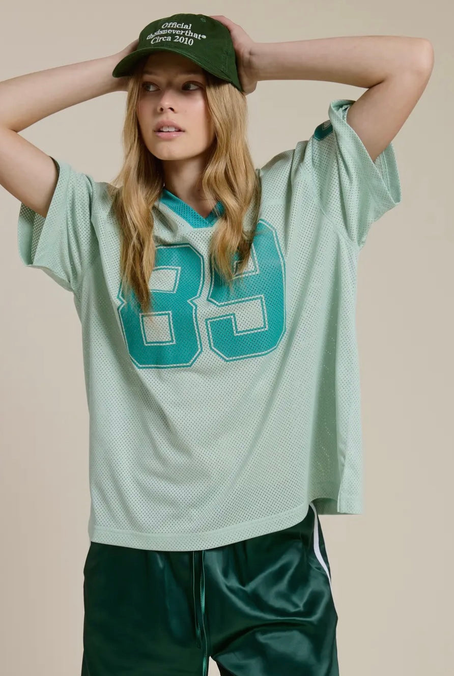 Sporty V Neck Short Sleeve Jersey Top with 89 Graphic Print