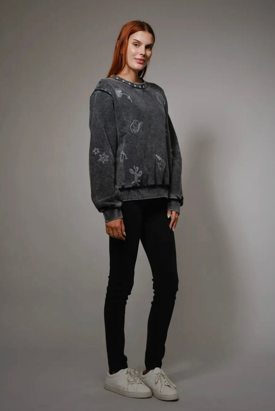 Mineral Washed Western Embroidered Sweatshirt