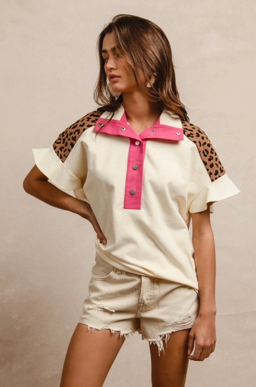 Contrast Placket Flutter Sleeve Leopard/Pink Top