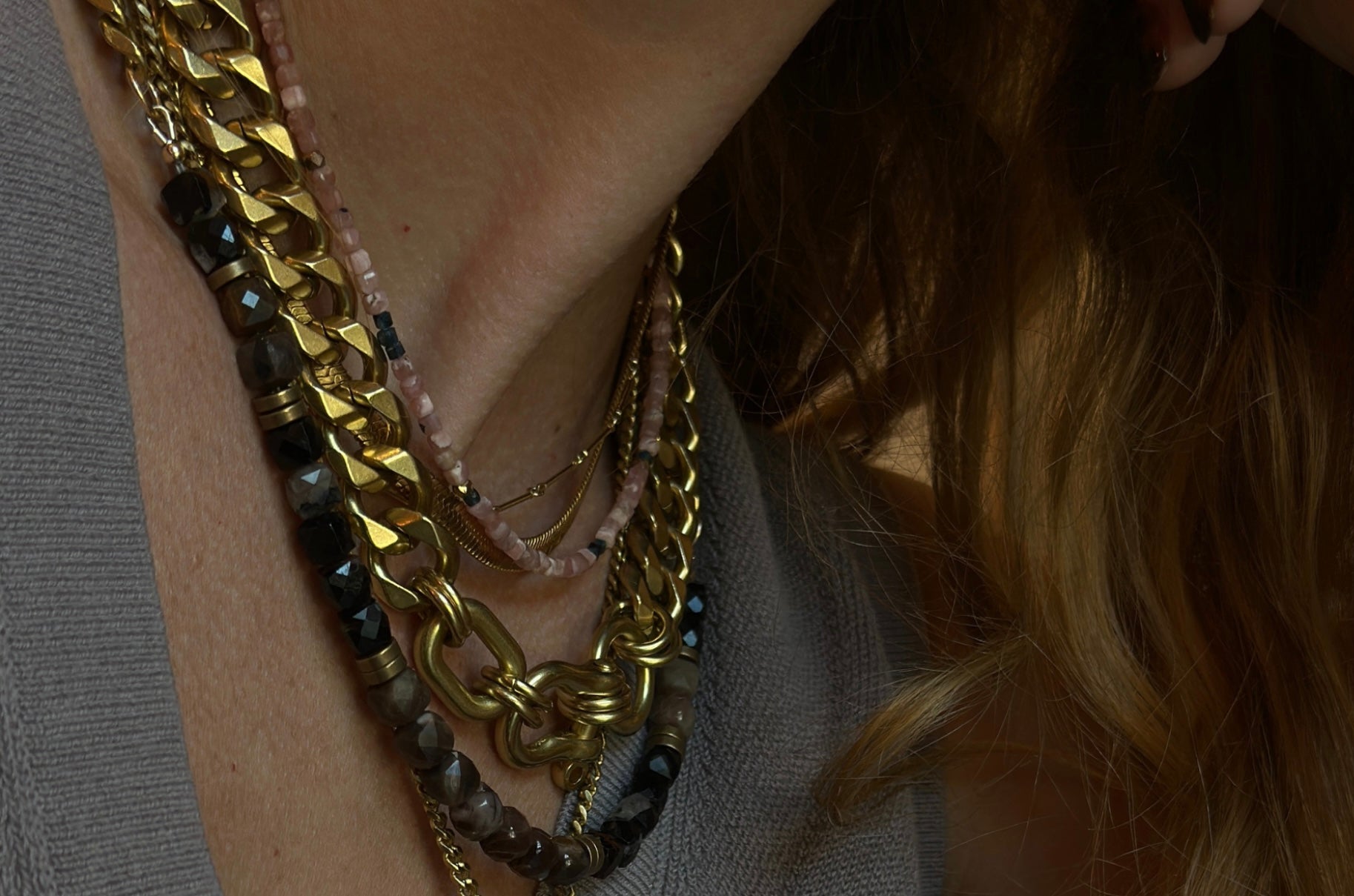 Rachel Nathan Beads & Chain Necklace Petrified Wood & Black Tourmaline