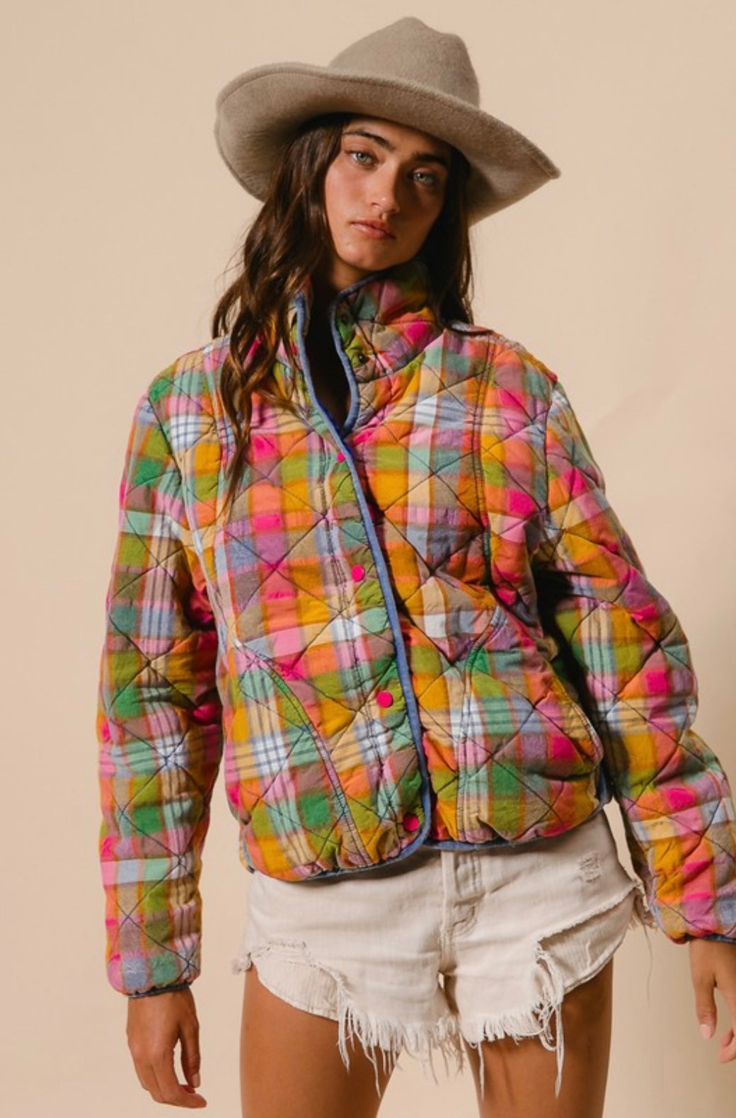 Bleached Vintage Plaid Quilted Jacket