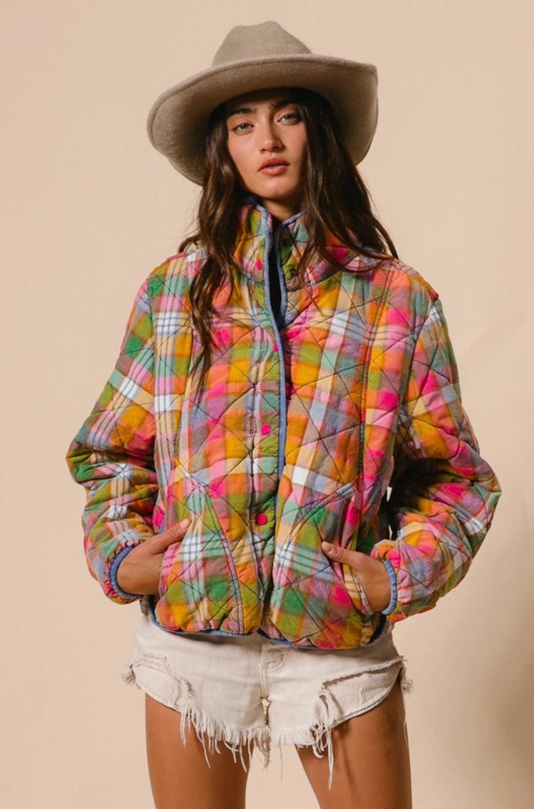 Bleached Vintage Plaid Quilted Jacket