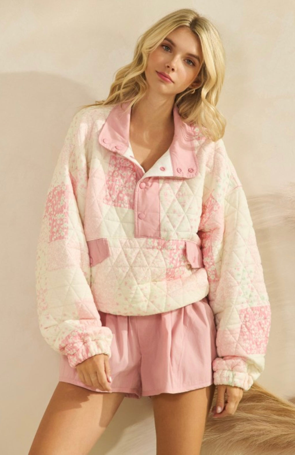 Pink Floral Patchwork Quilted Pullover