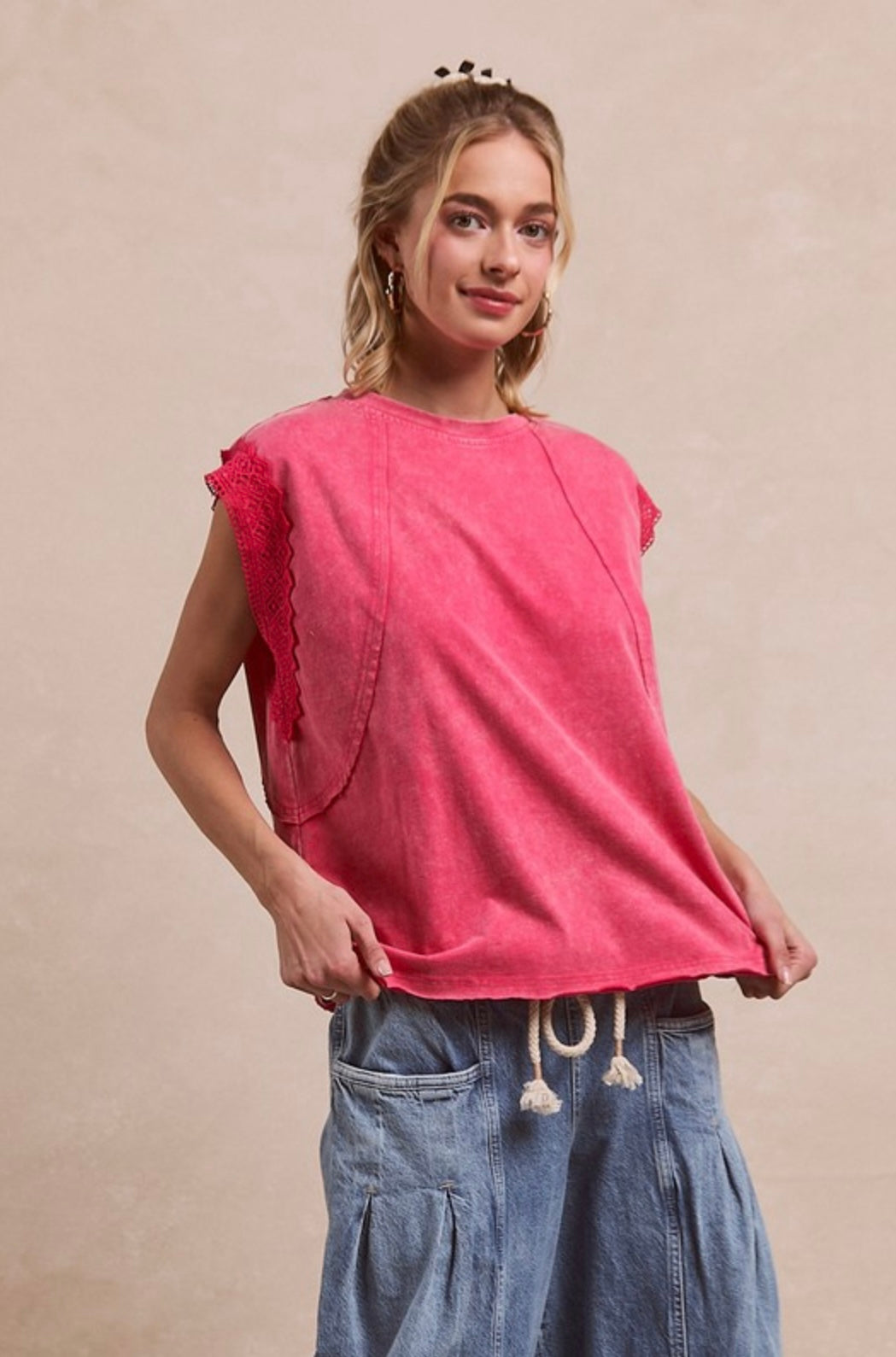 Vintage Washed Pink Knit Crochet Sleeve Detail Top