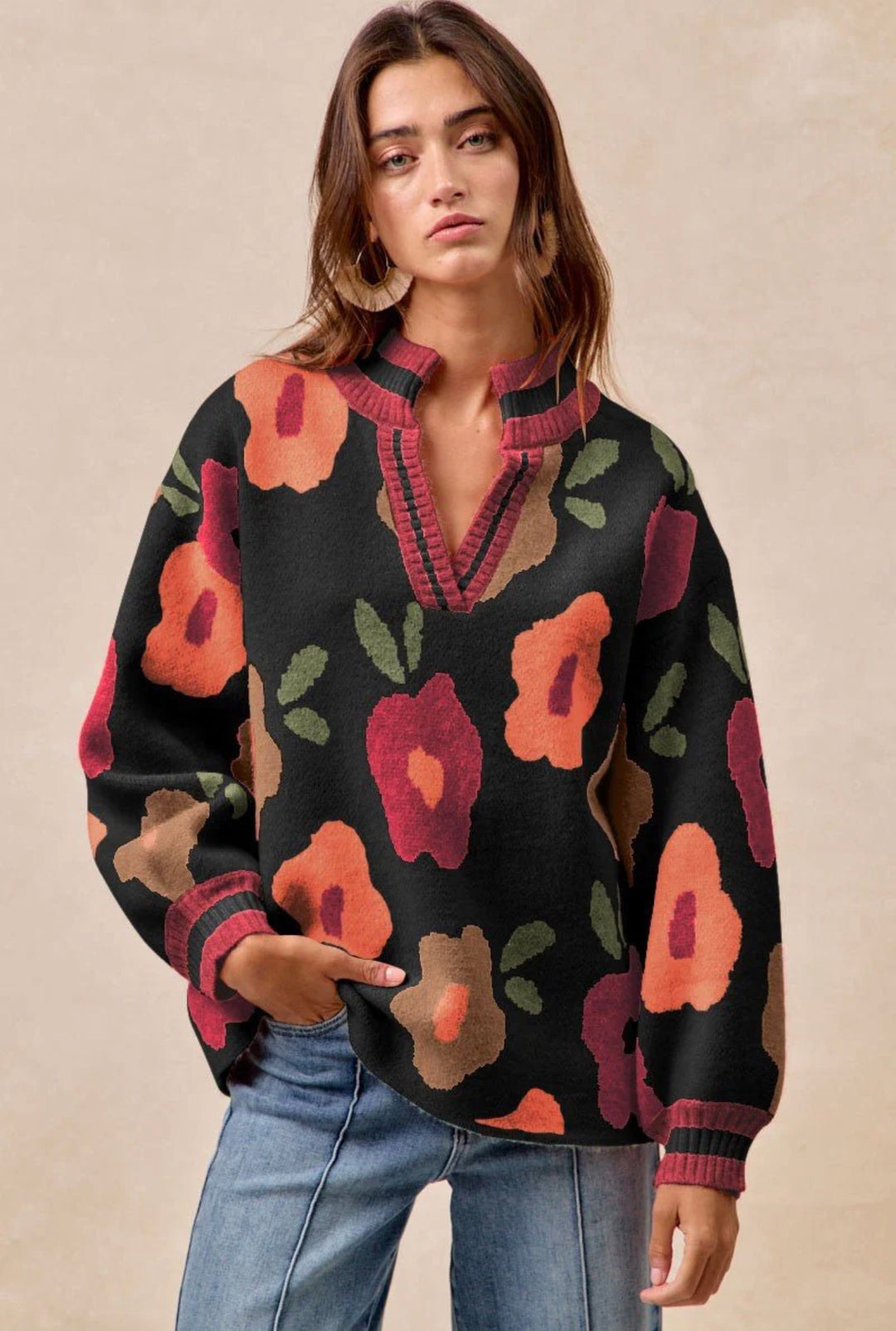 Flower Printed V Neck Banded Top