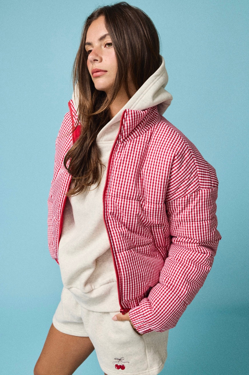 Gingham Zip Up Puffer Jacket