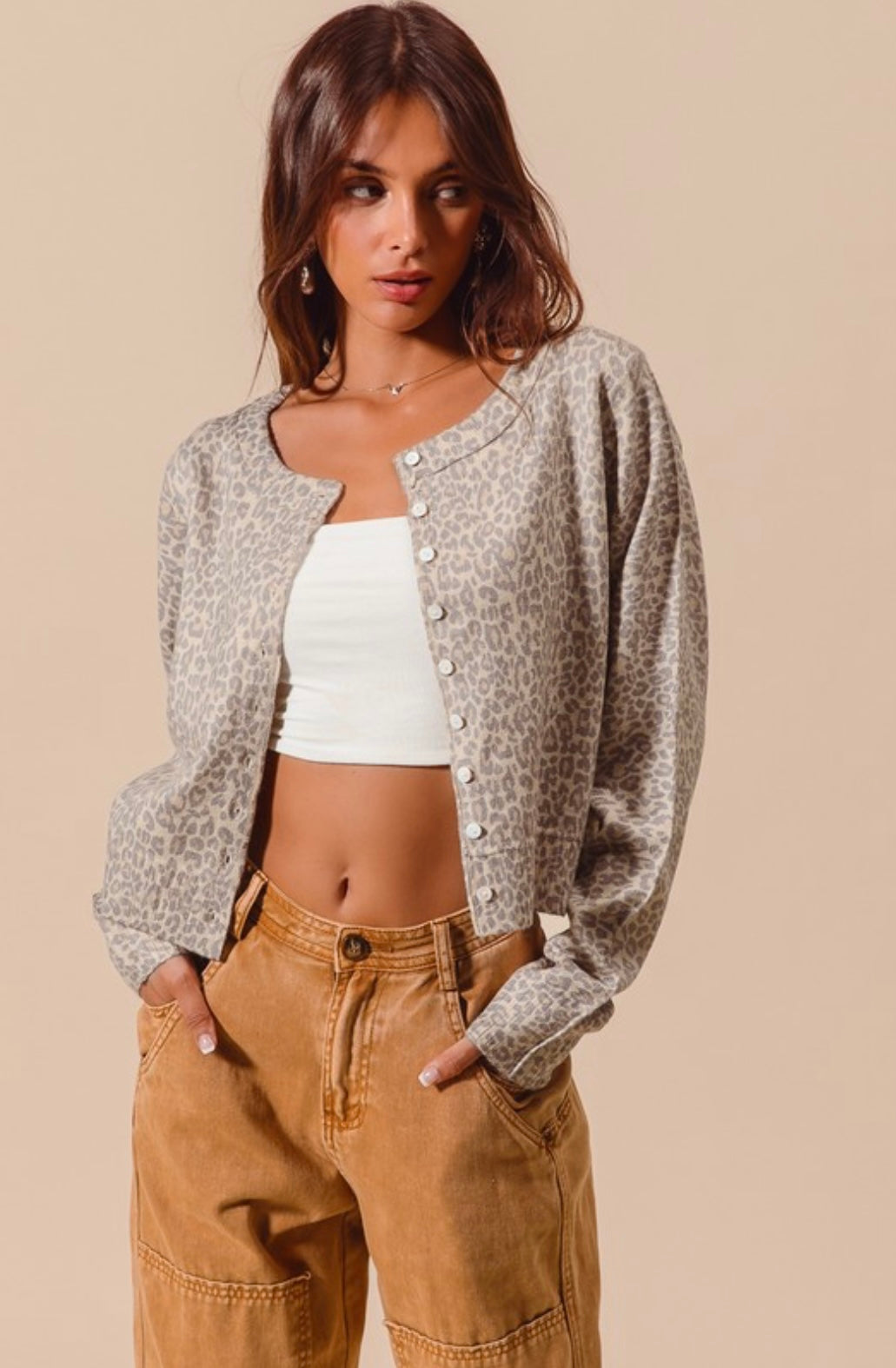 Two Tone Leopard Vintage Print Button Up Sweater Cardigan