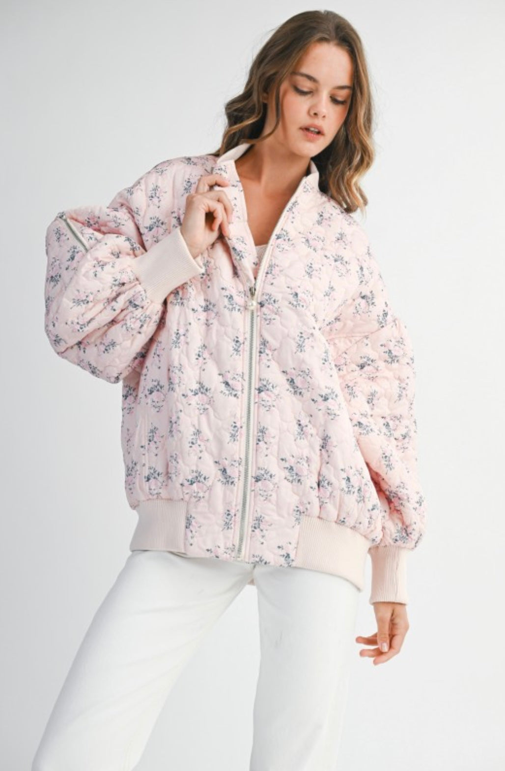 Floral Print Quilted Oversized Bomber Jacket