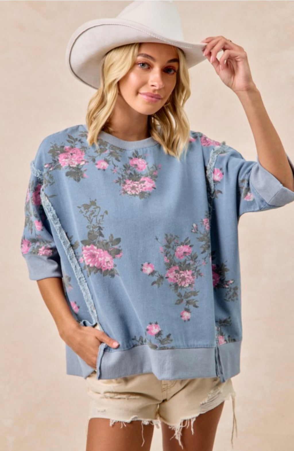 Flower Printed Denim Open Seam Short Sleeve Top