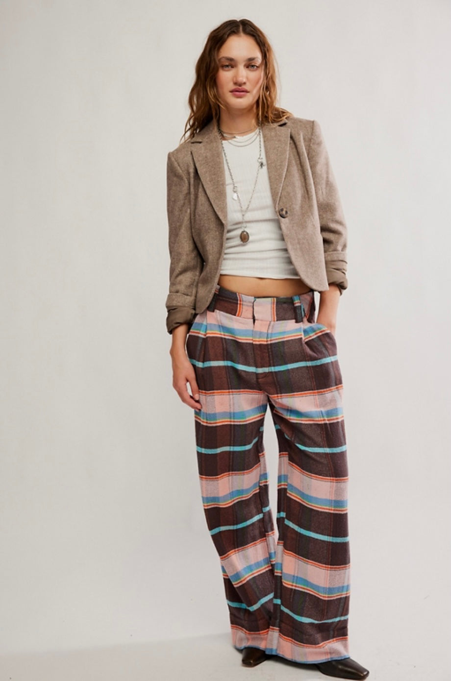 Free People Buckle Back Plaid Trousers