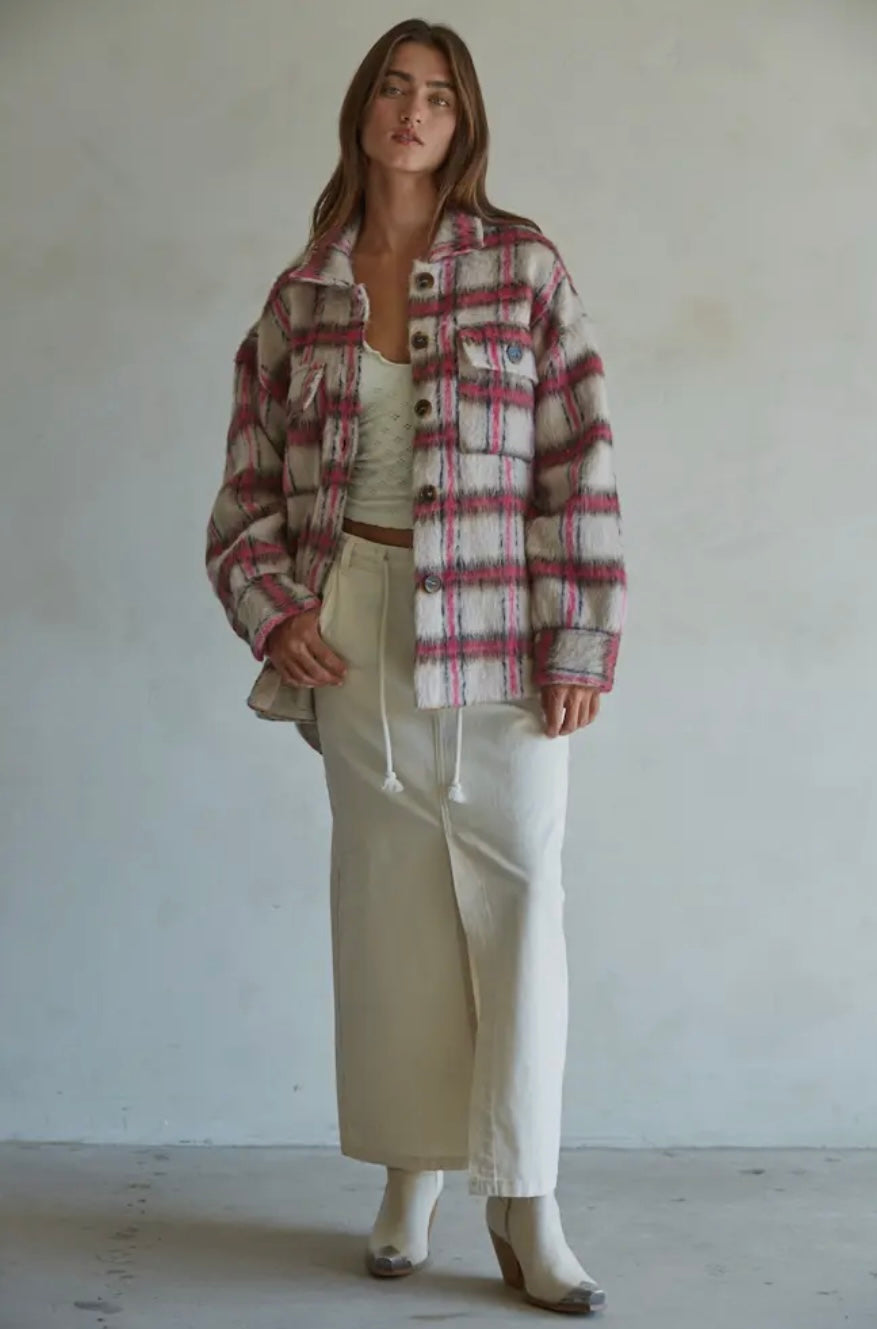 Plaid Buttondown Jacket With Back Fringe Detail