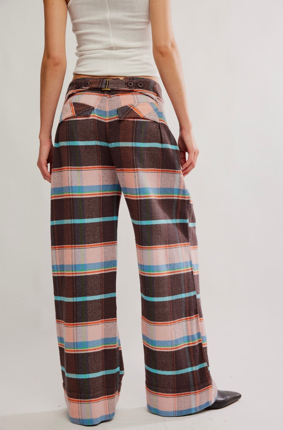 Free People Buckle Back Plaid Trousers