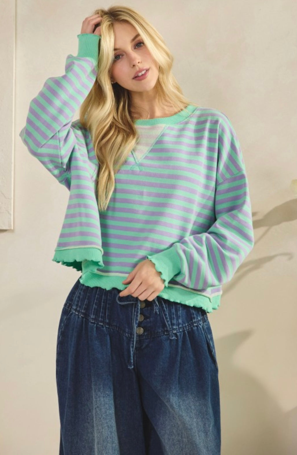 Cropped Striped French Terry Top