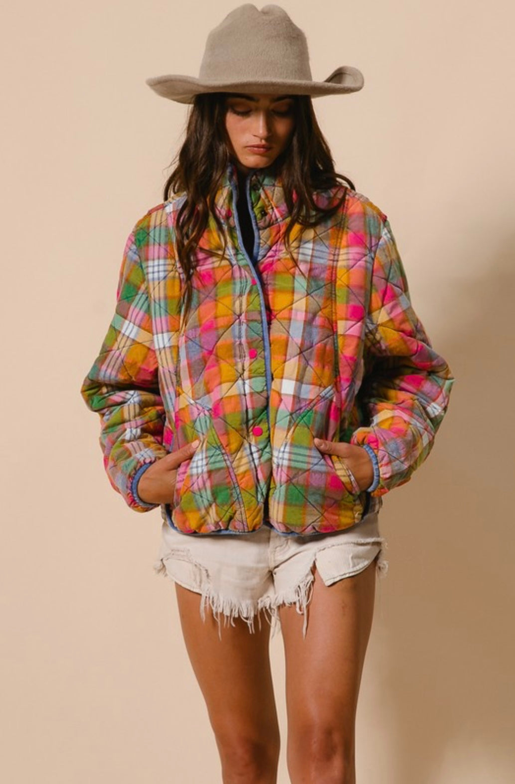 Bleached Vintage Plaid Quilted Jacket