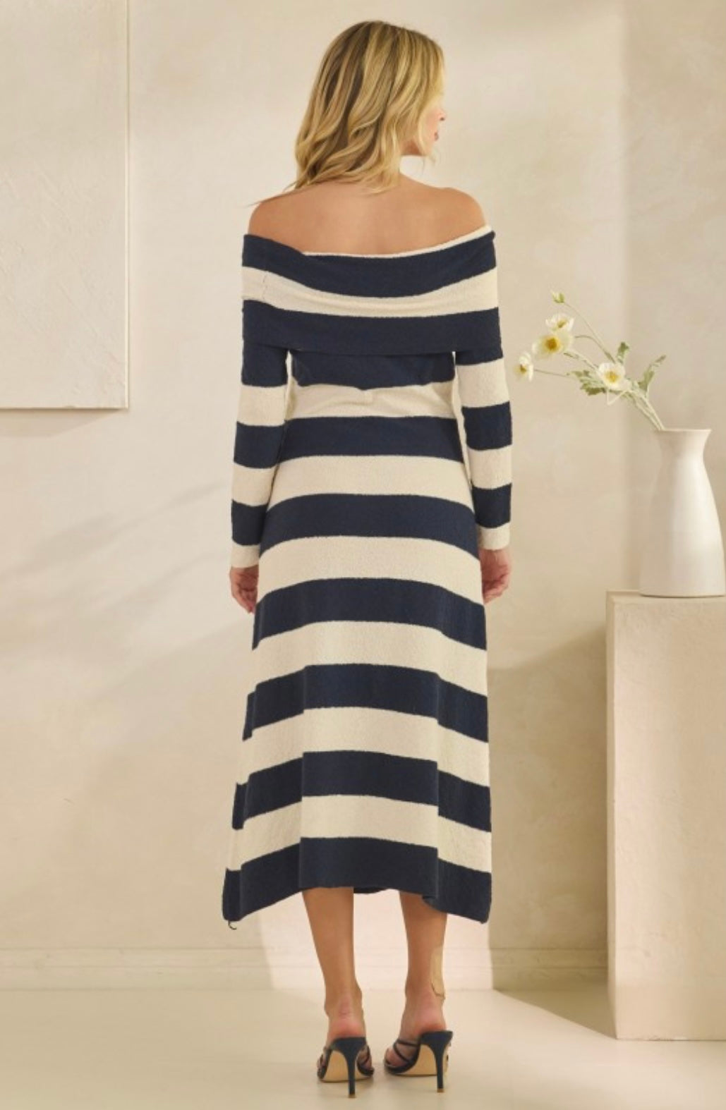 Textured Knit Off-Shoulder Wide Stripe Long Dress