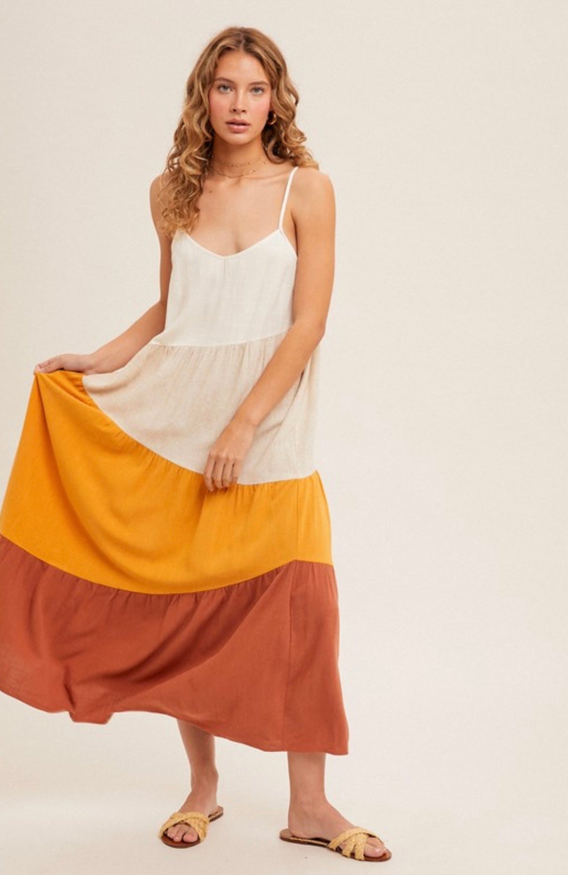 Asymmetrical Tier Color Block Cami Dress Rust