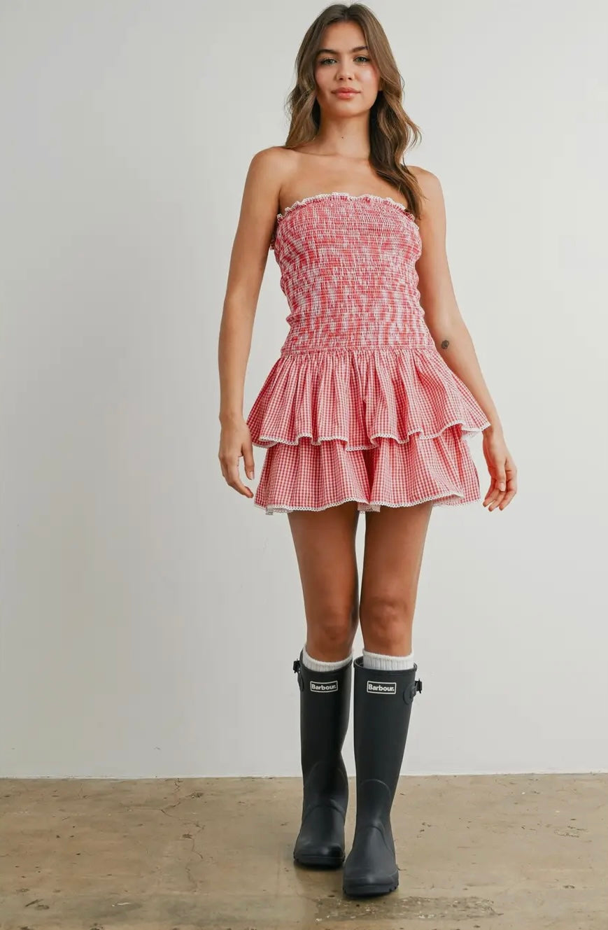 Smocked Strapless Tiered Ruffle Mini Dress