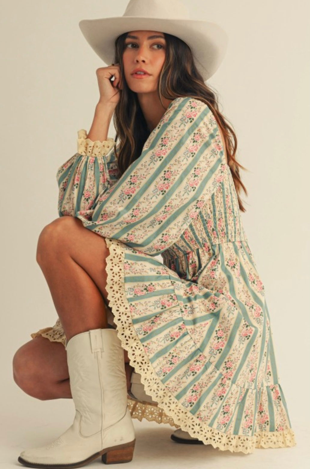 French Style Floral Smocked Lace Dress