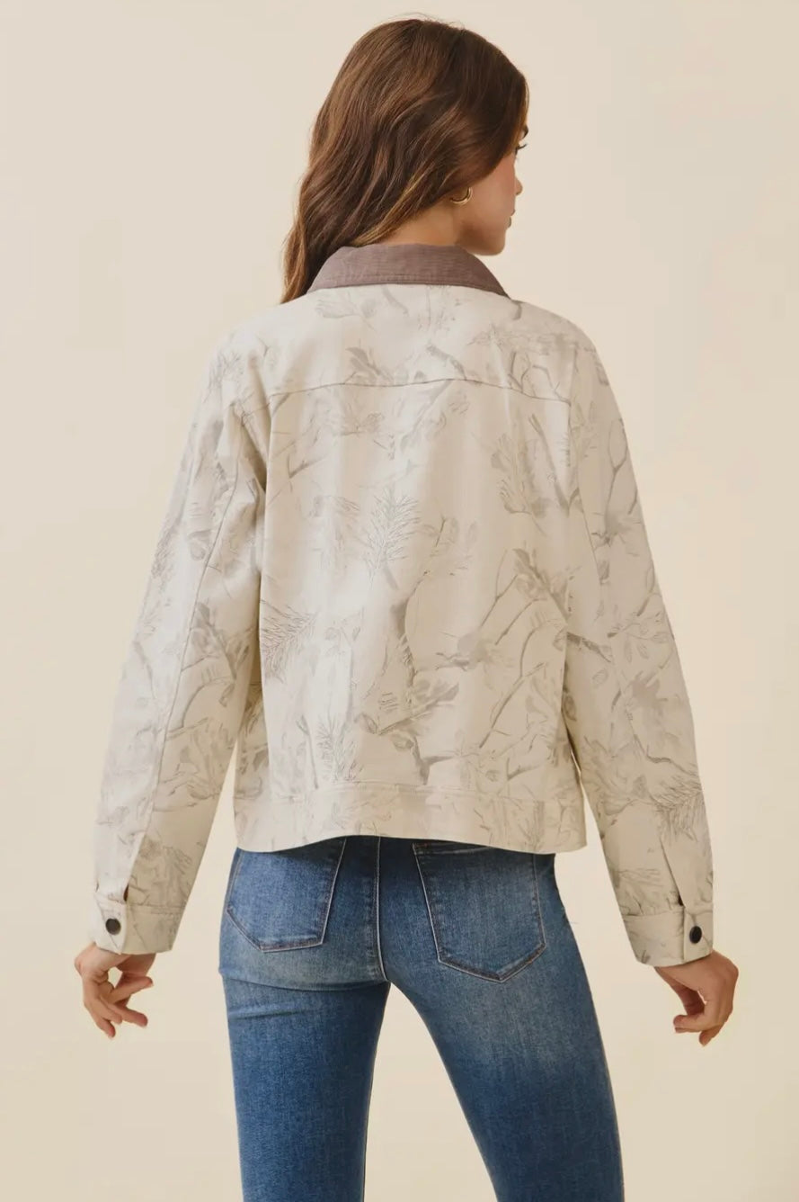 Floral Print Corduroy Detail Jacket