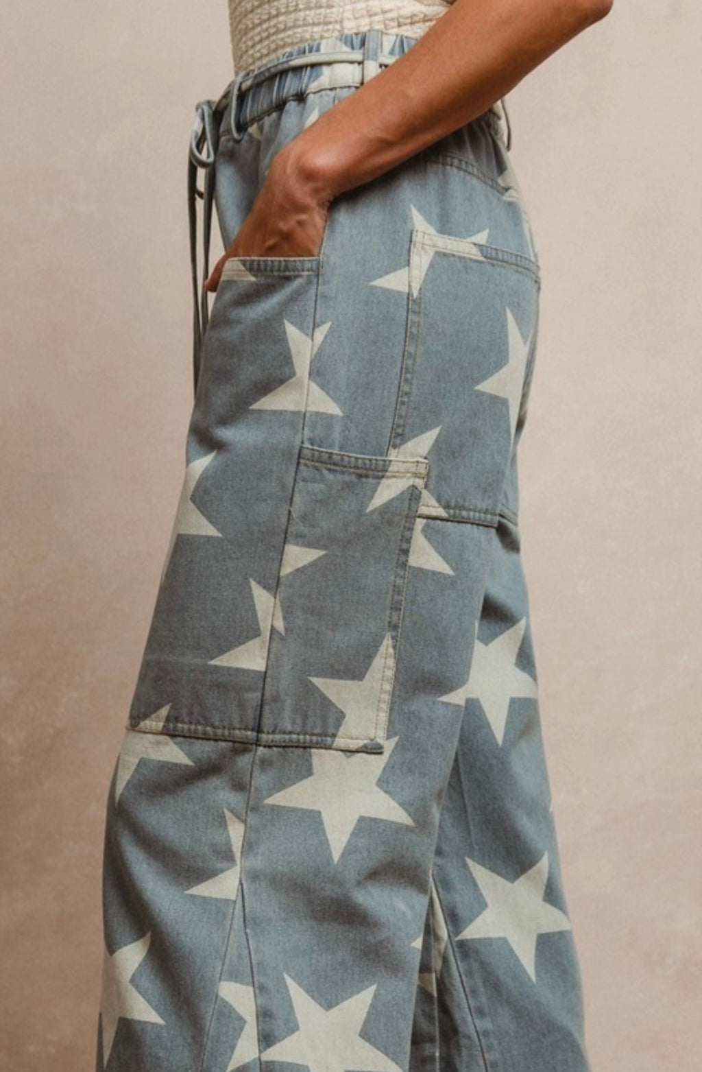 Washed Star Denim Waist Tie Long Pant