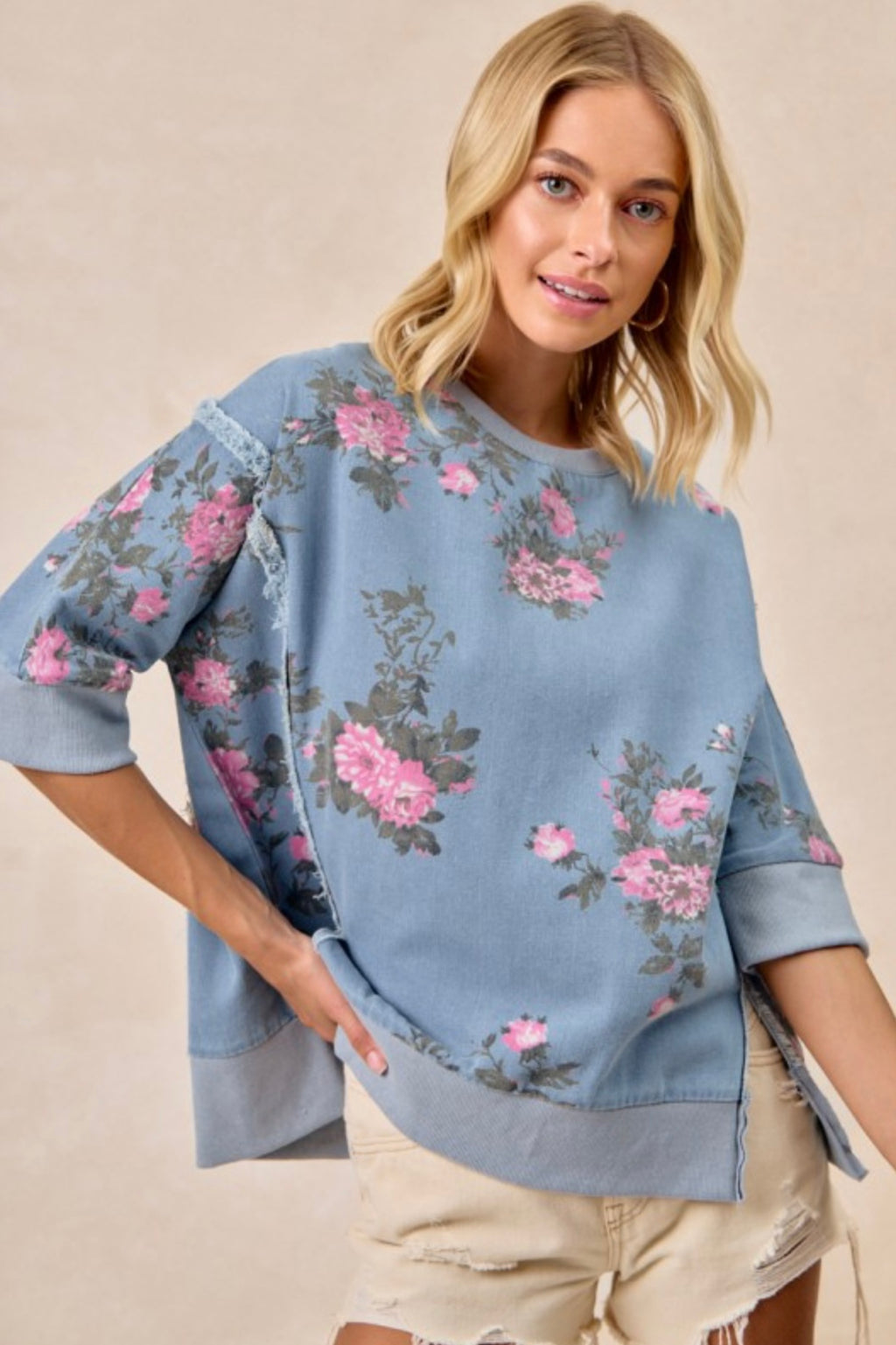 Flower Printed Denim Open Seam Short Sleeve Top
