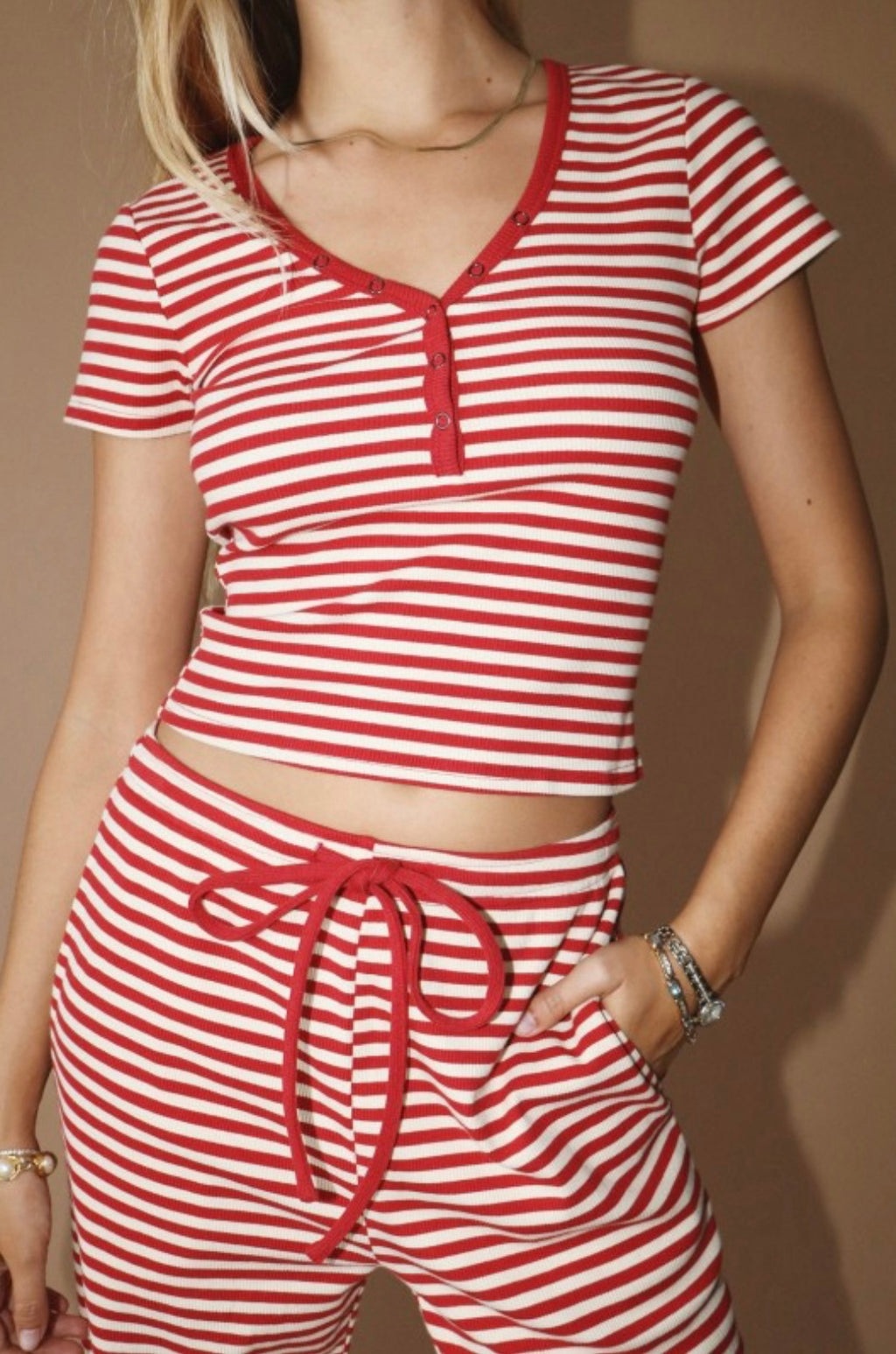 Bailey Rose Striped Snap Button Tee And Drawstring Pant SET