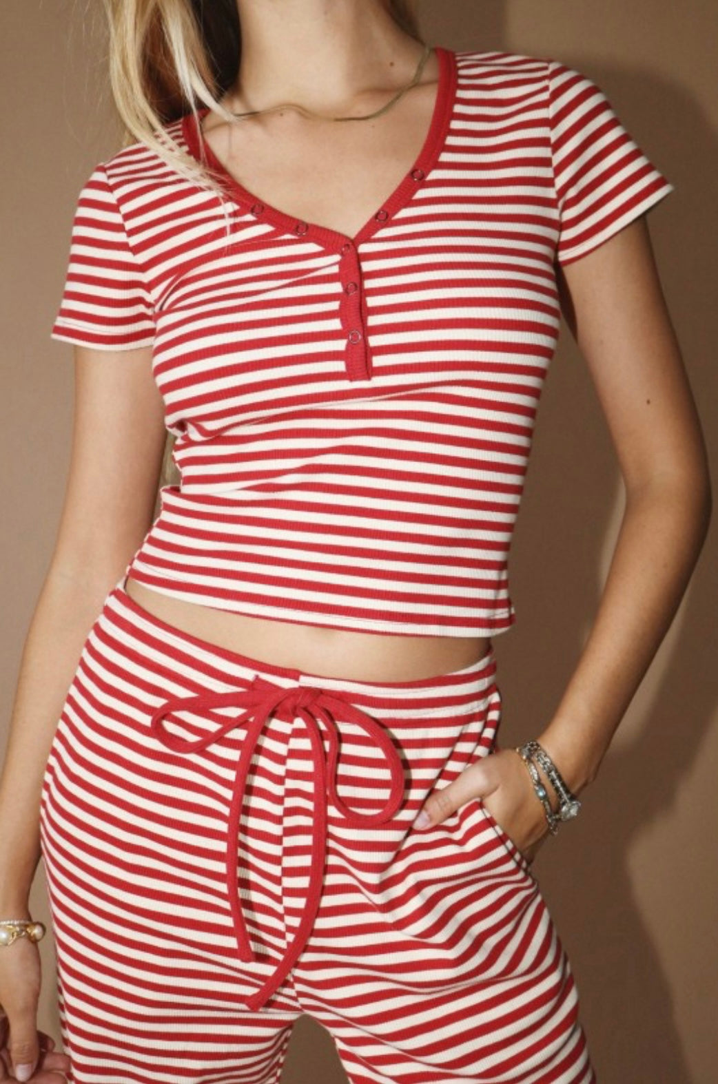 Bailey Rose Striped Snap Button Tee And Drawstring Pant SET