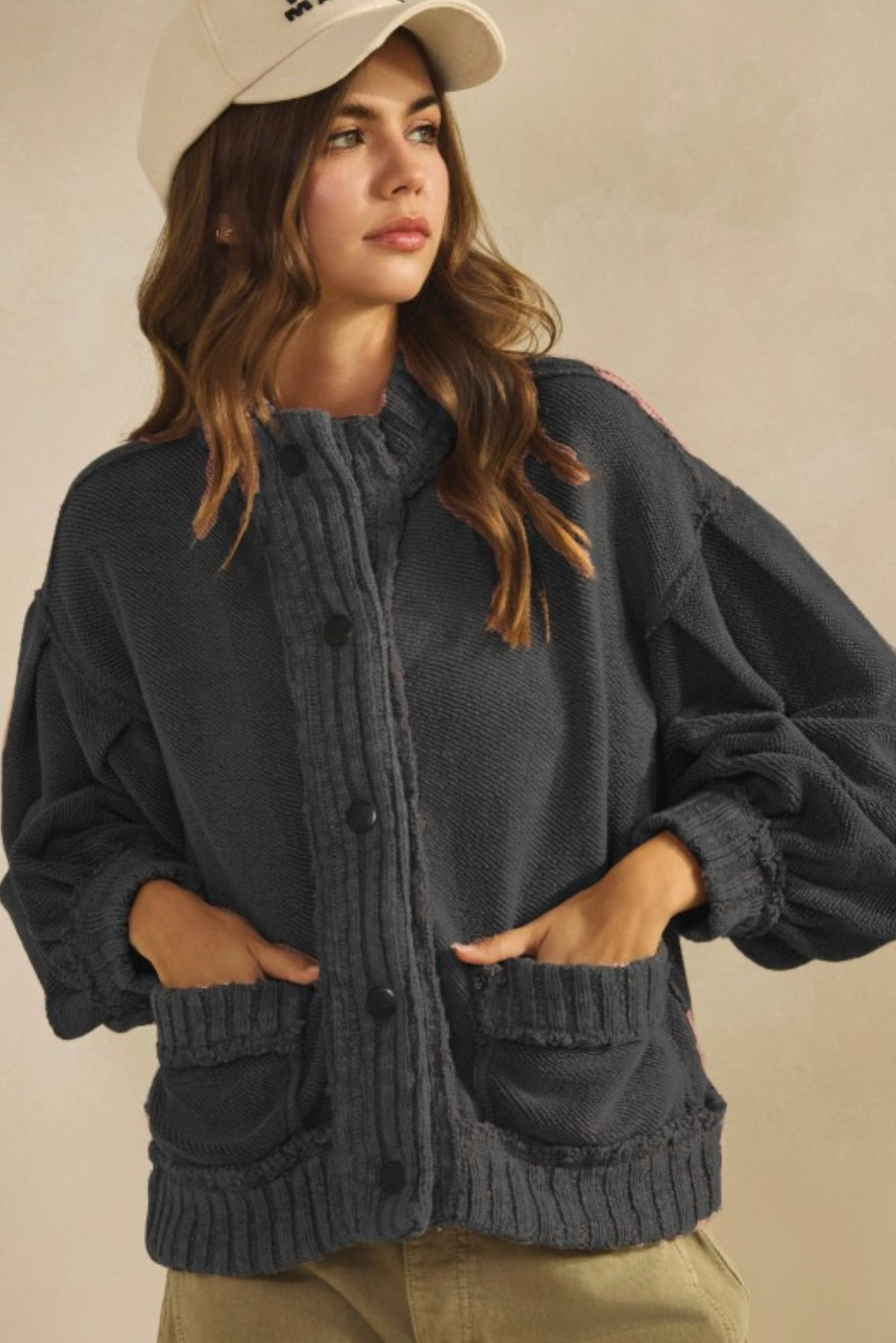 Washed Vintage Ribbed Knit Trim Cardigan Jacket