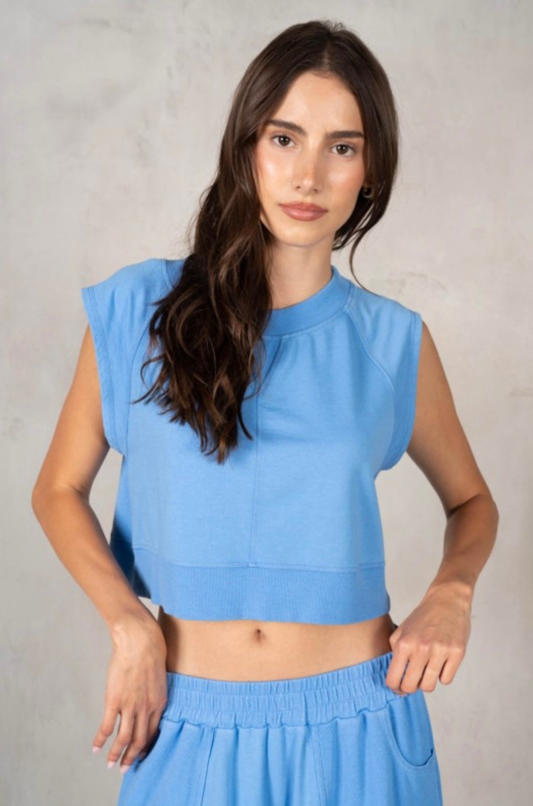 Terry Midi Skirt With Contrast Rib Detail and Terry Crew Neck Cropped Muscle Tank Set