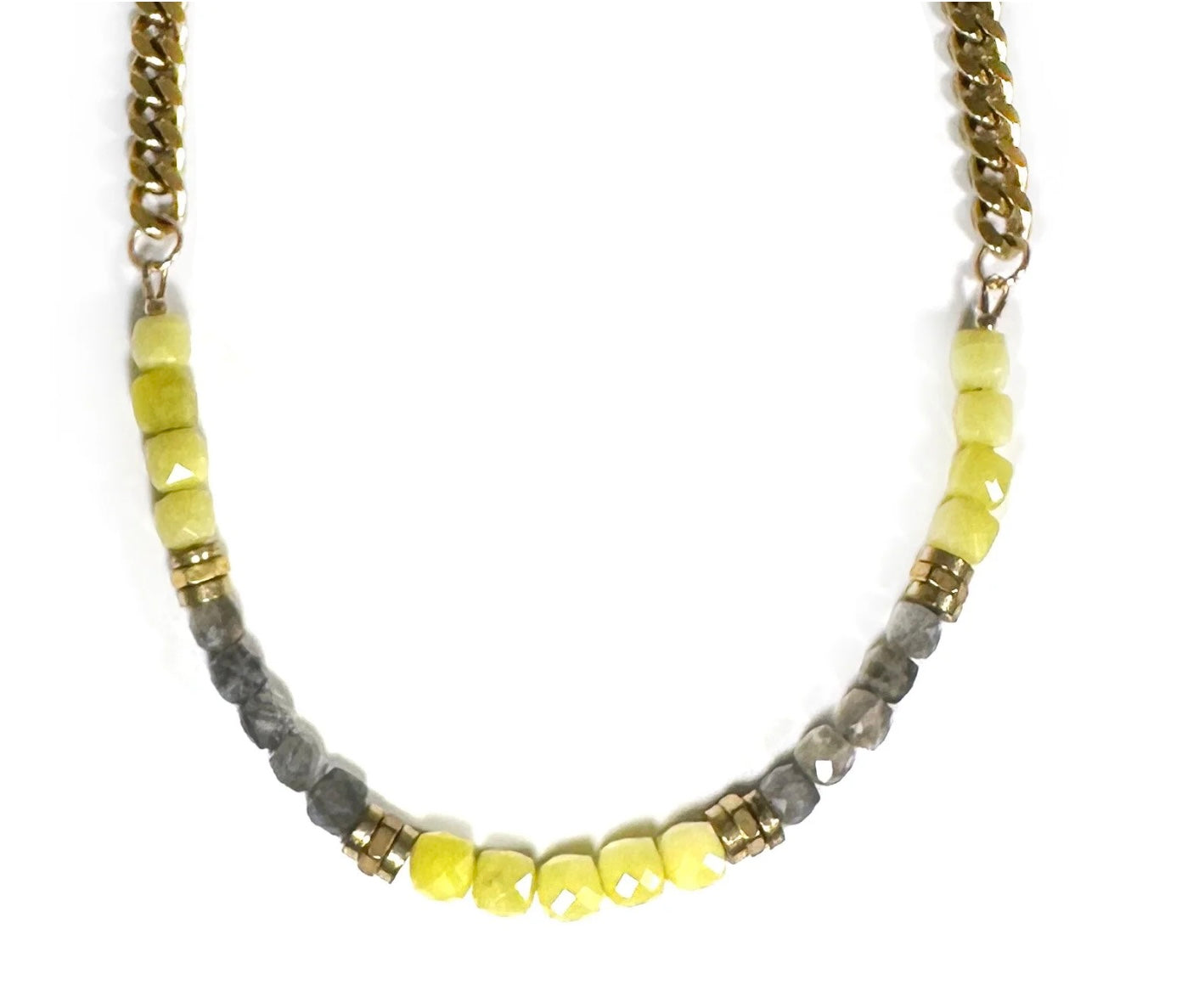 Rachel Nathan Beads & Chain Necklace Yellow Jade & Labradorite Cubes