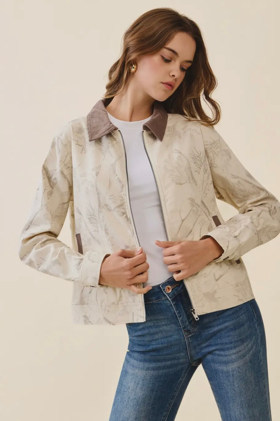 Floral Print Corduroy Detail Jacket