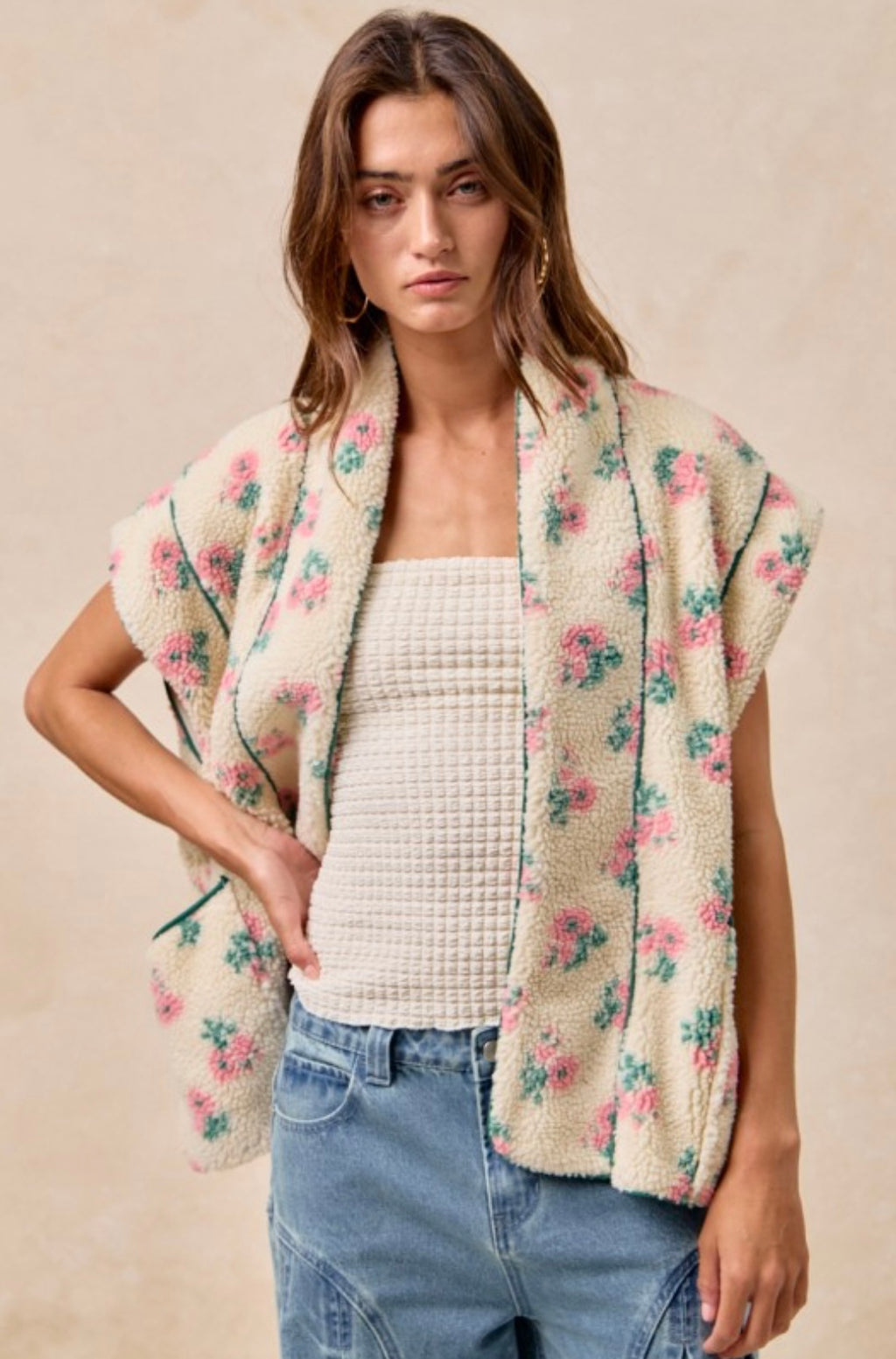 Floral Print Drop Shoulder Fleece Vest With Patch Pockets