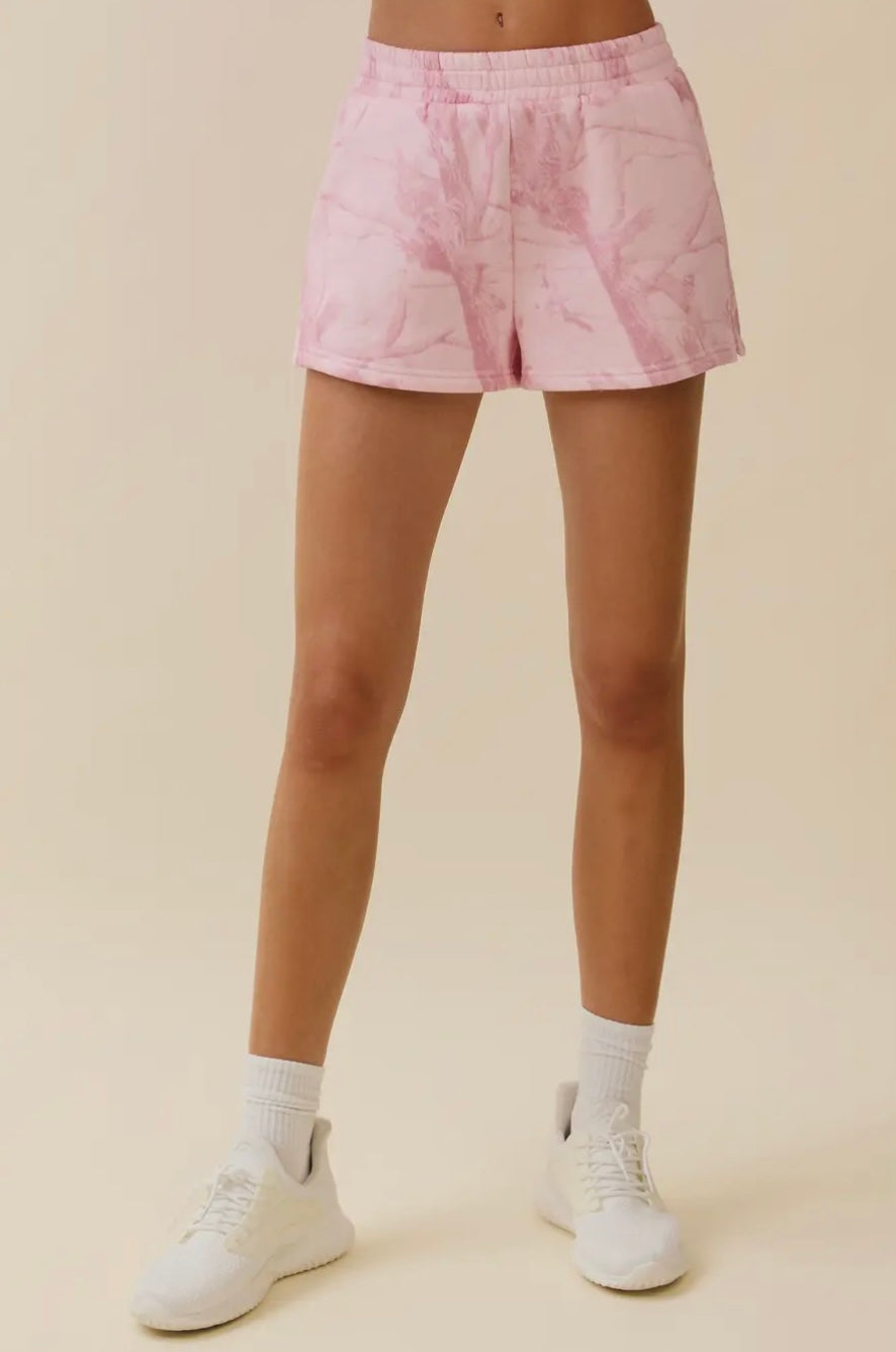 Pink Camo Print High Waisted Sweat Shorts
