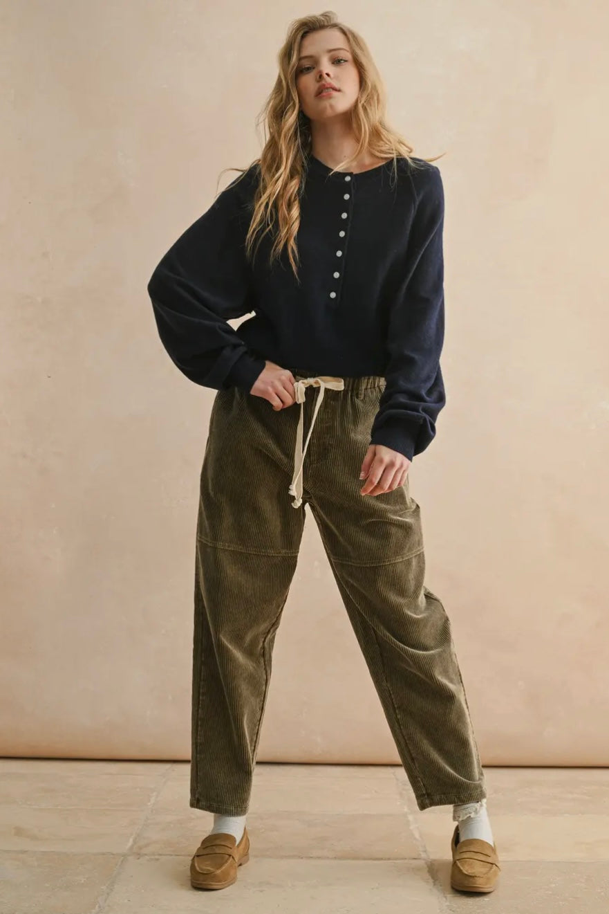 Half Button Front Long Sleeve Sweater Top
