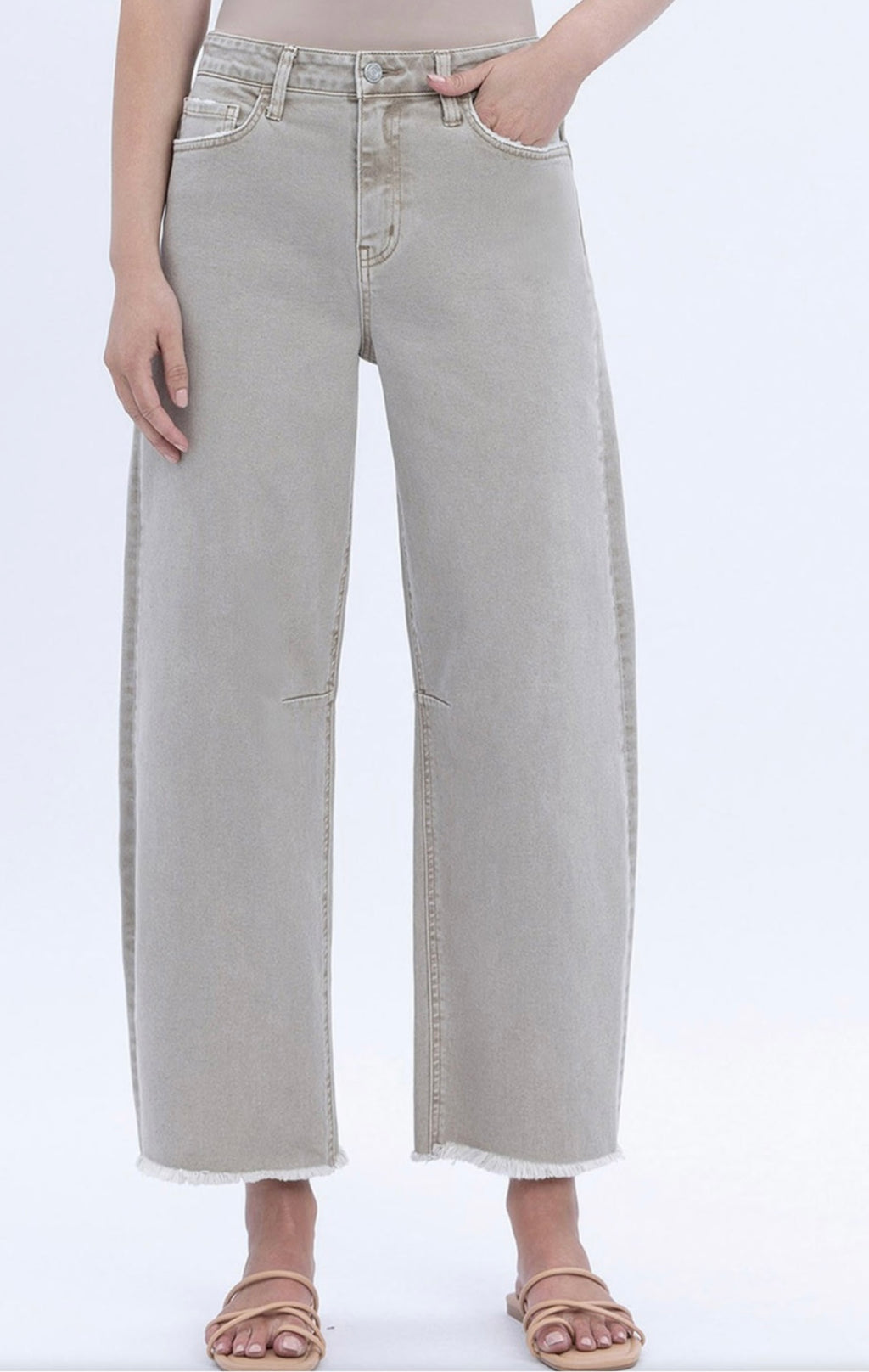 Vervet Super High Rise Frayed Hem Wide Barrel Leg Jeans - Cinder