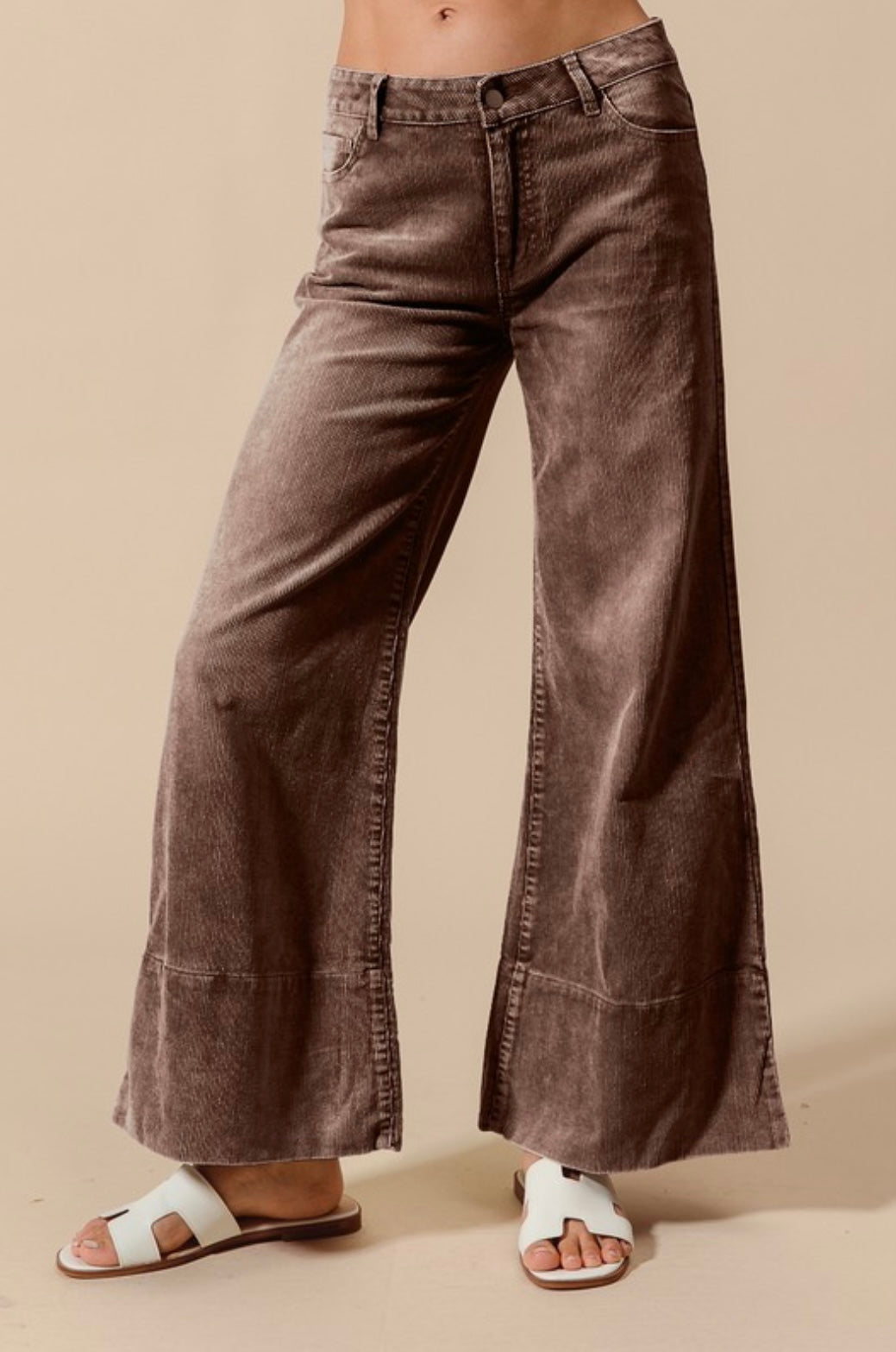 Wide Leg Flared Washed Corduroy Pants With Side Slits