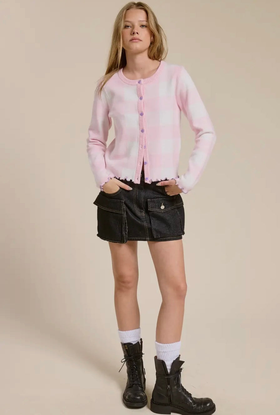 Plaid Knit Cardigan With Heart Buttons