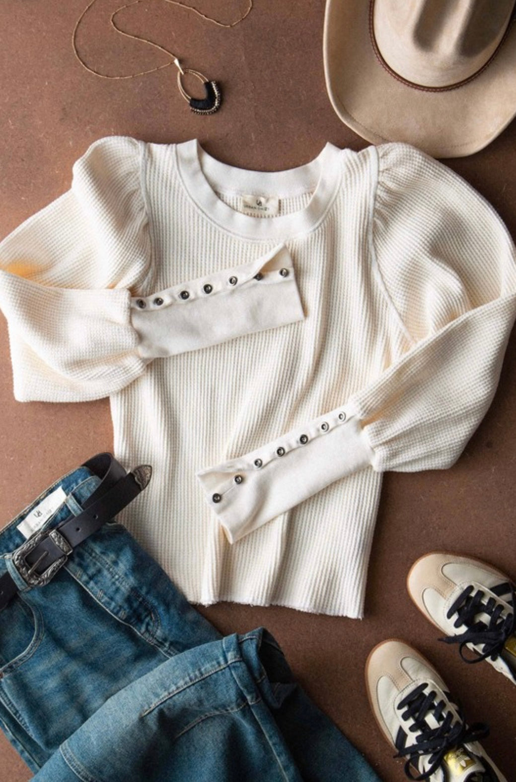 Waffle Knit Puff Sleeve Top