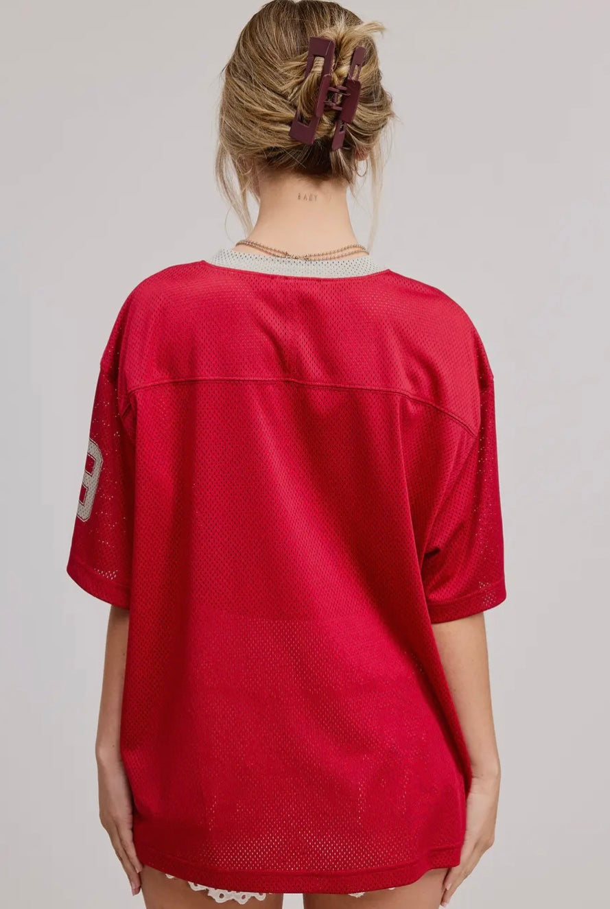 Sporty V Neck Short Sleeve Jersey Top with 89 Graphic Print