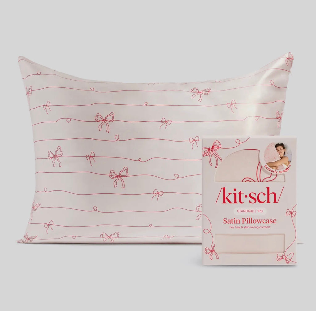 Kitsch Holiday Satin Pillowcase in Striped Bows