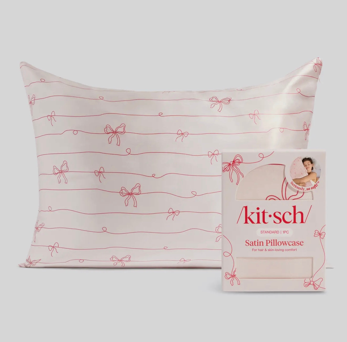 Kitsch Holiday Satin Pillowcase in Striped Bows