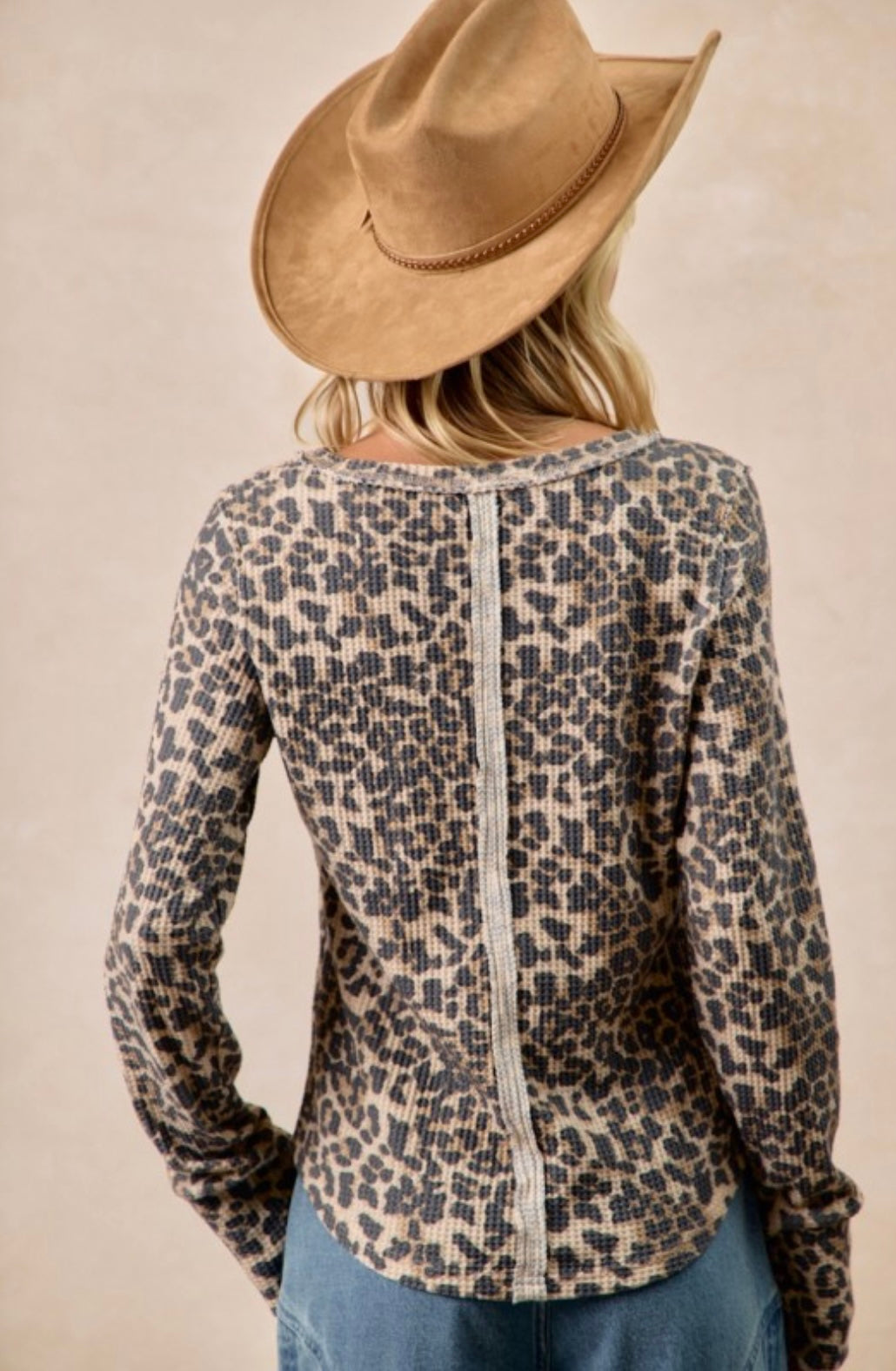 Leopard Print Washed Waffle Thermal Top With Thumb Holes