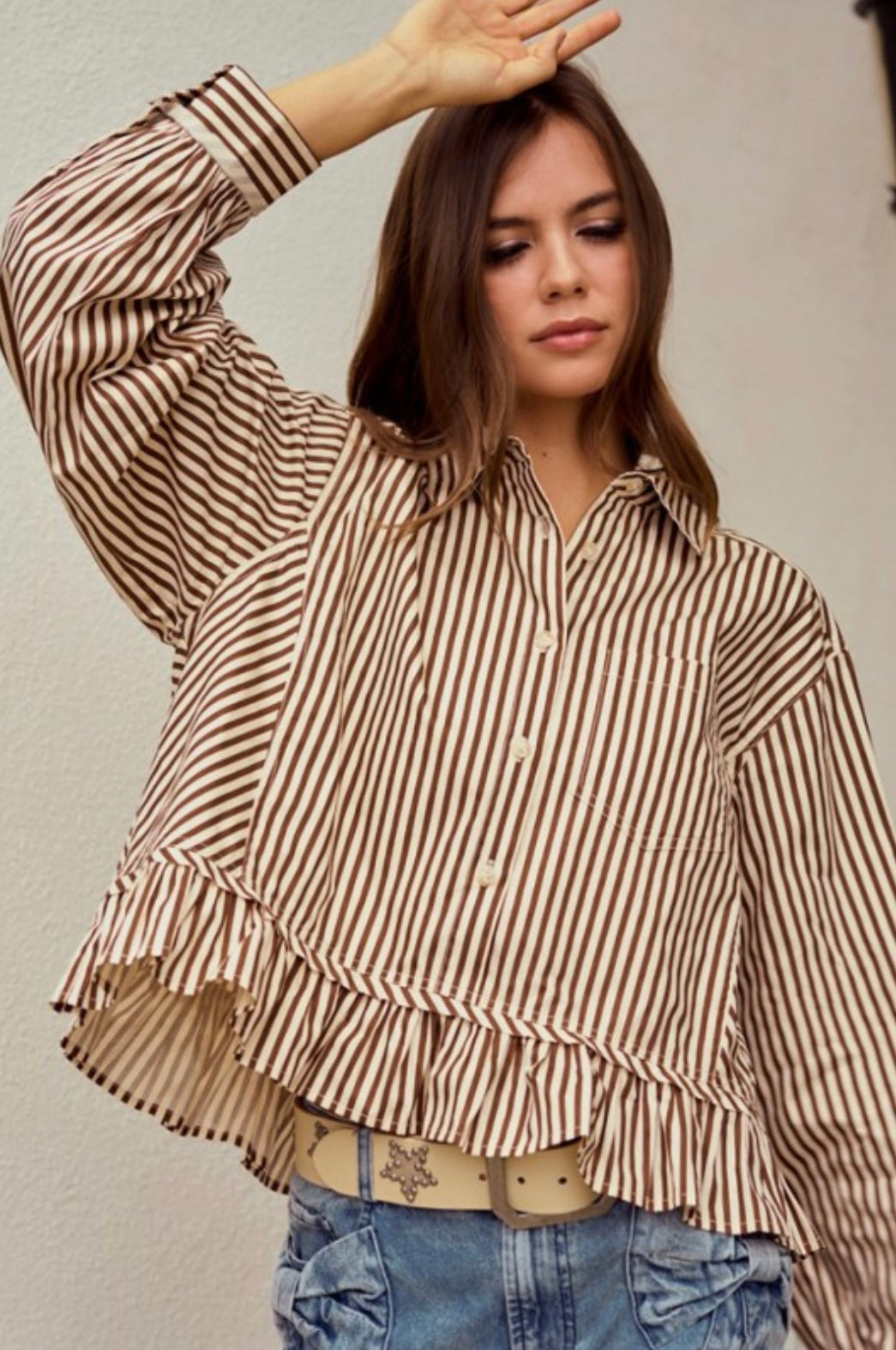 Striped Raglan Puff Sleeve Shirt