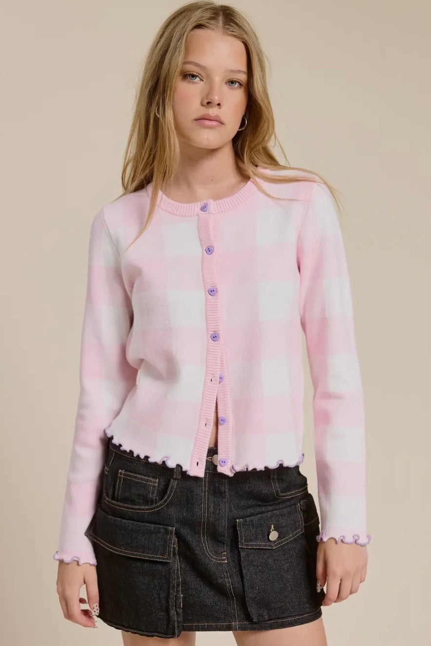 Plaid Knit Cardigan With Heart Buttons