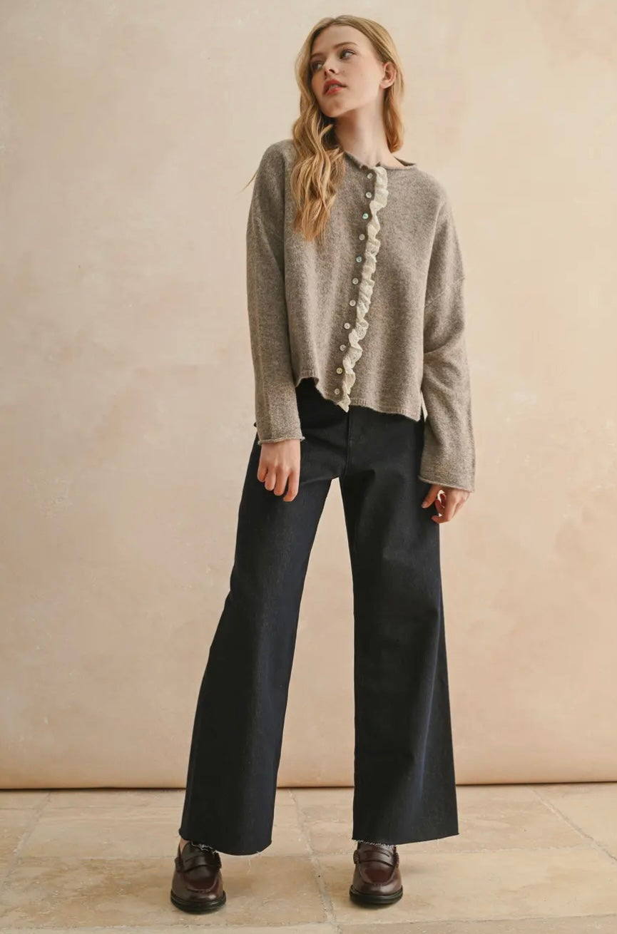 Button Front Lace Trim Knitted Cardigan