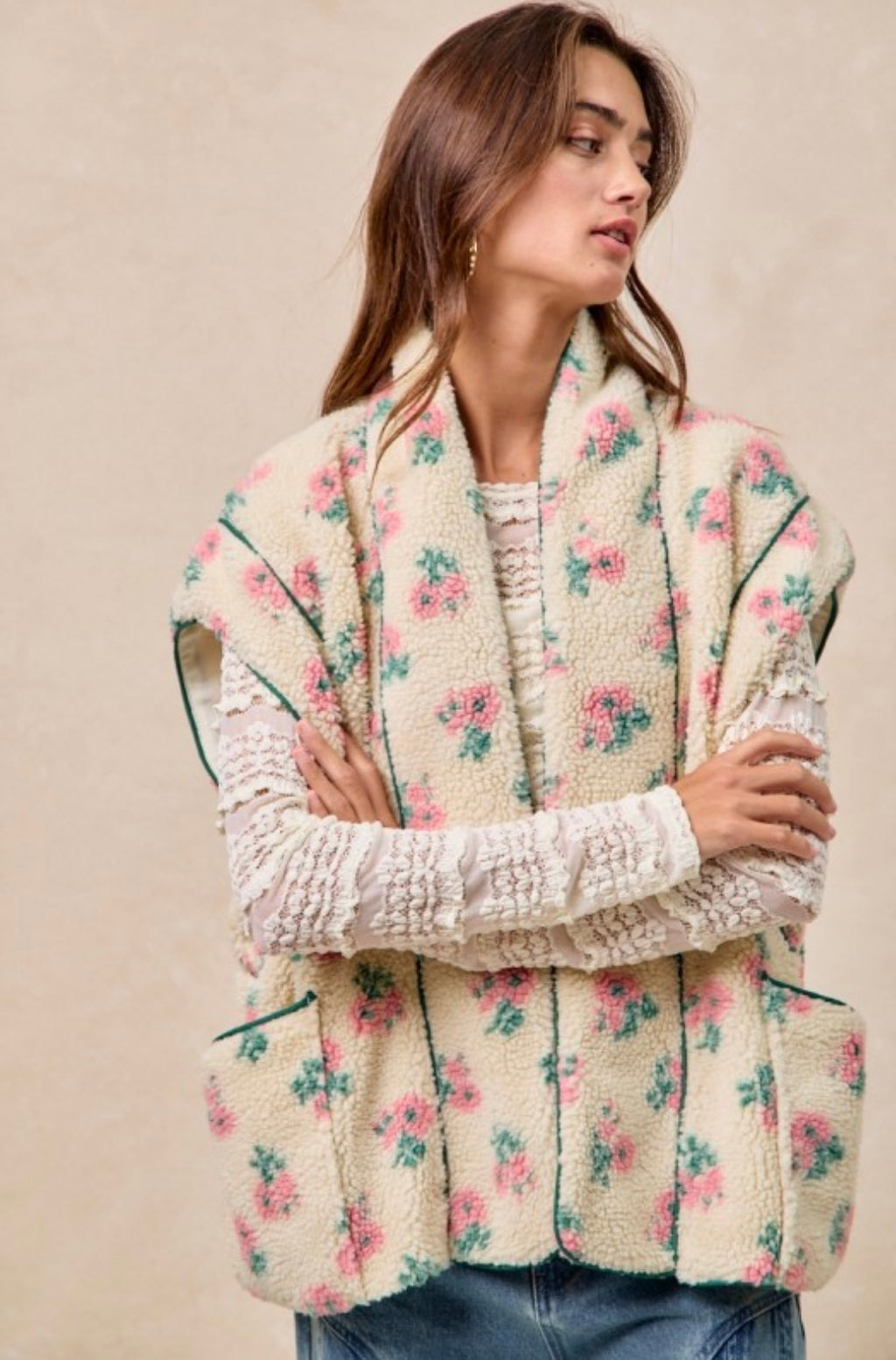 Floral Print Drop Shoulder Fleece Vest With Patch Pockets