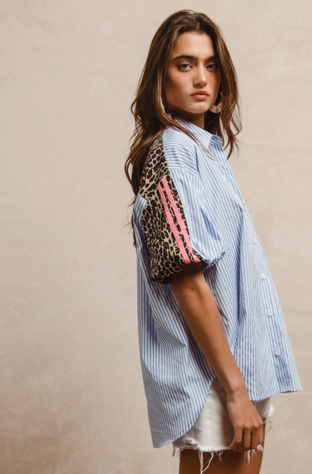 Chambray & Leopard Button Down Top
