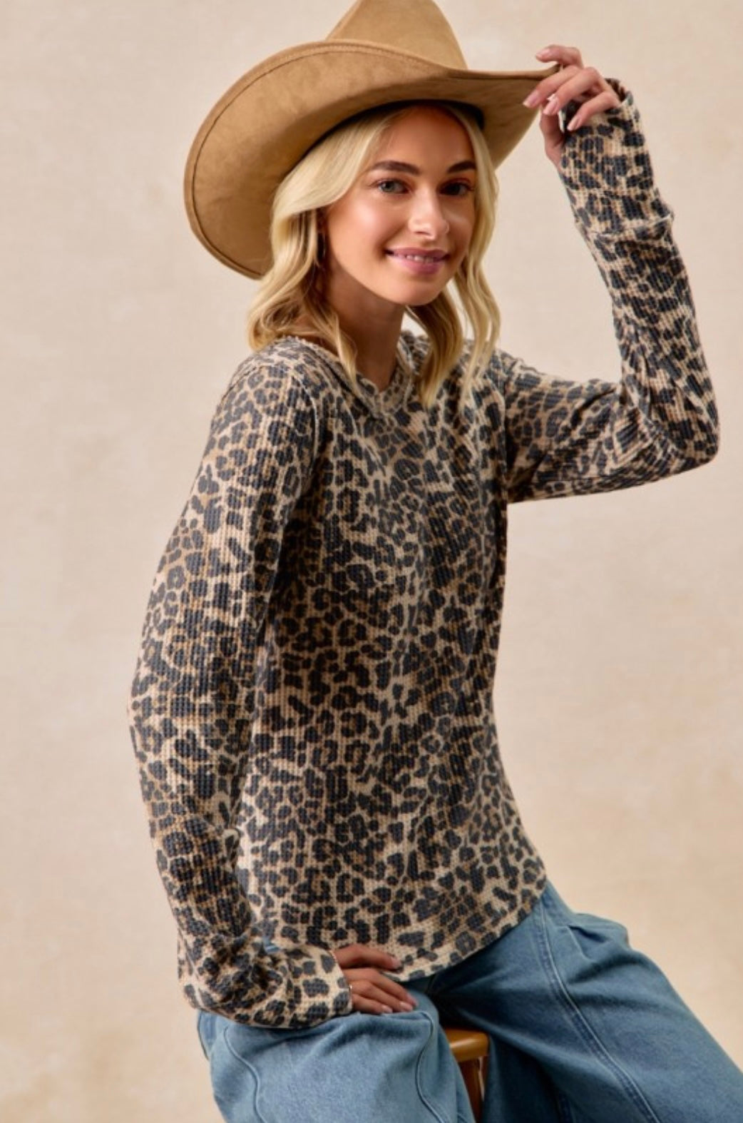 Leopard Print Washed Waffle Thermal Top With Thumb Holes