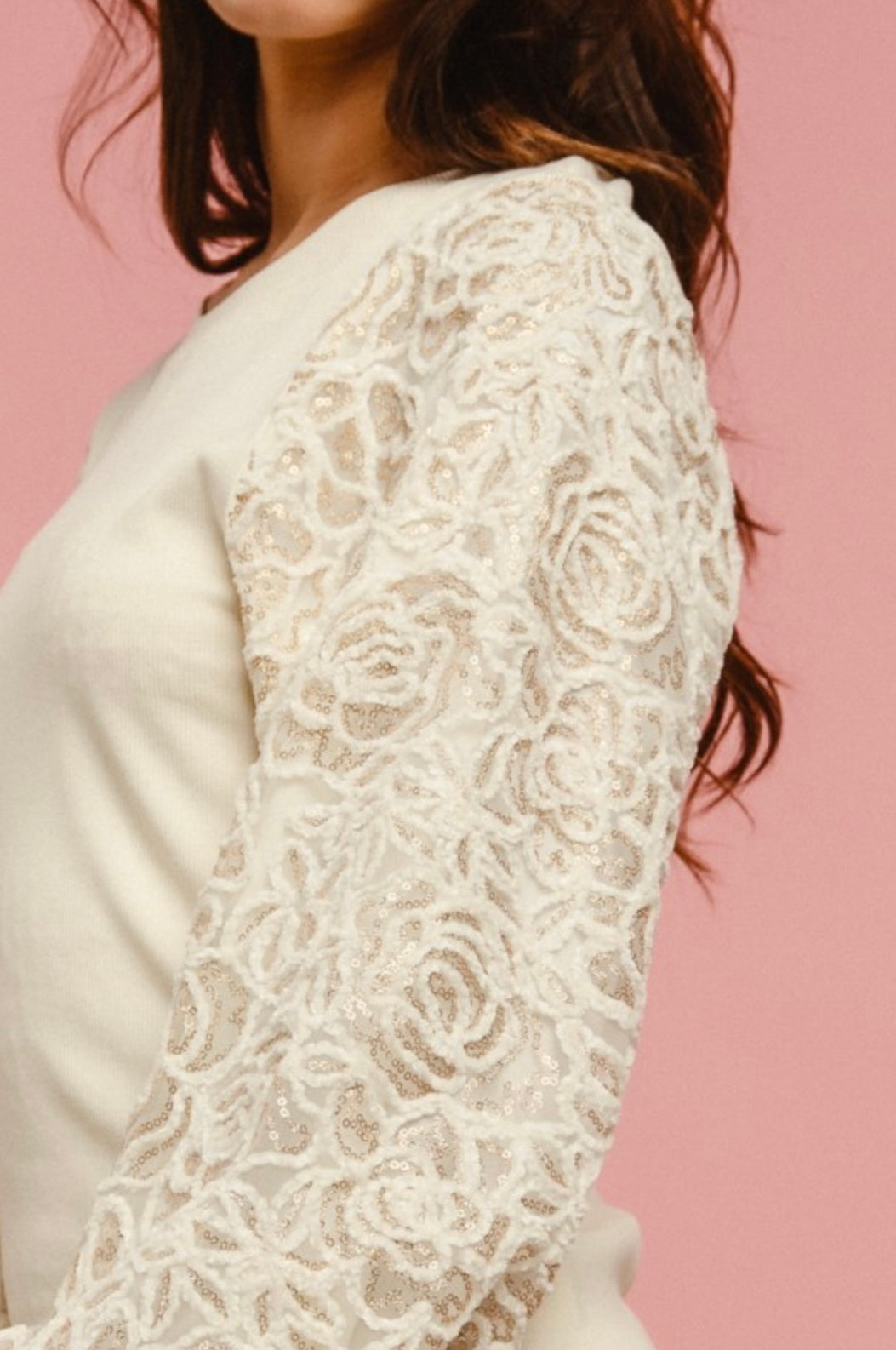 Chenille and Sequin Embellished Sleeve Sweater