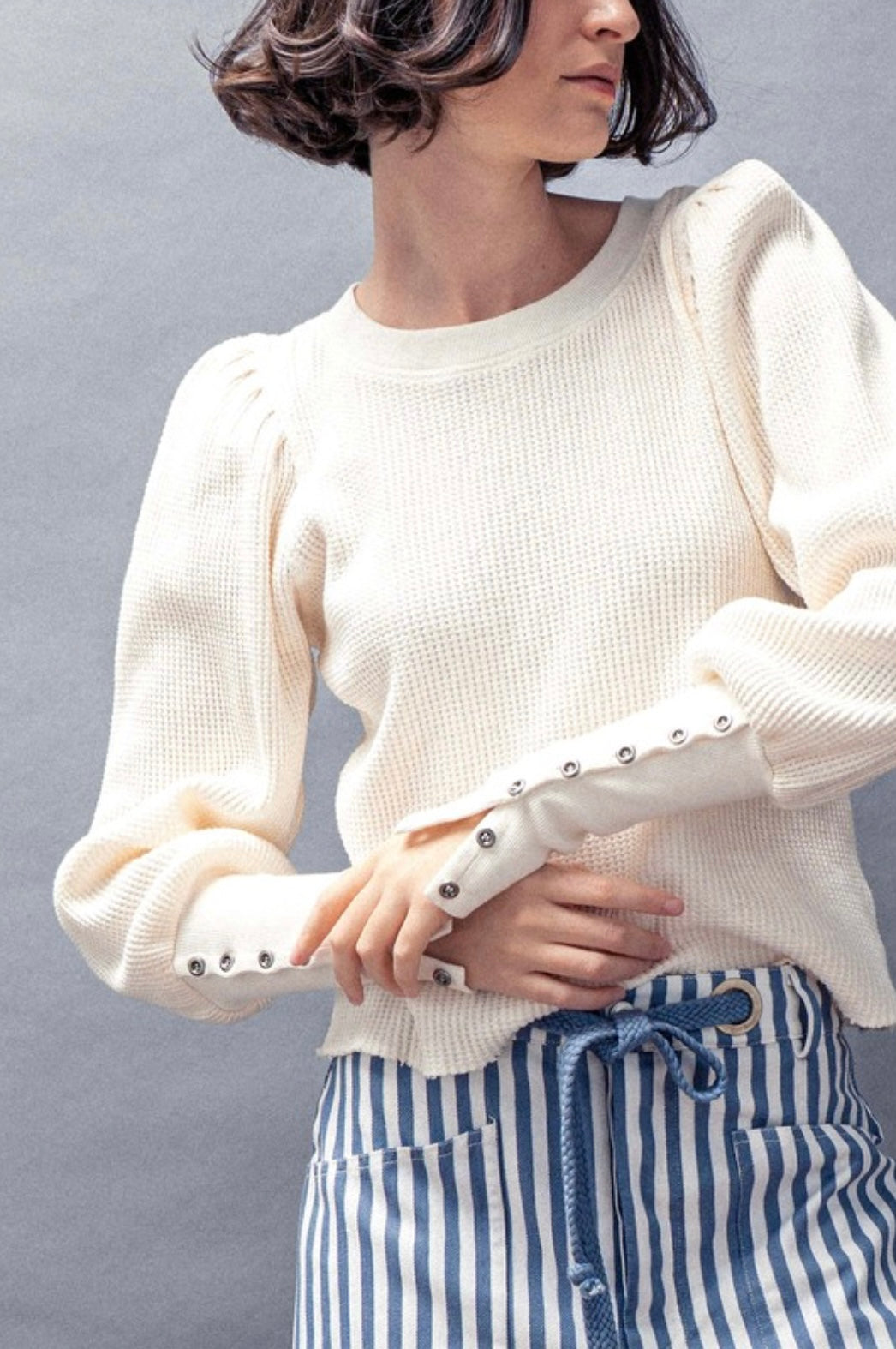 Waffle Knit Puff Sleeve Top